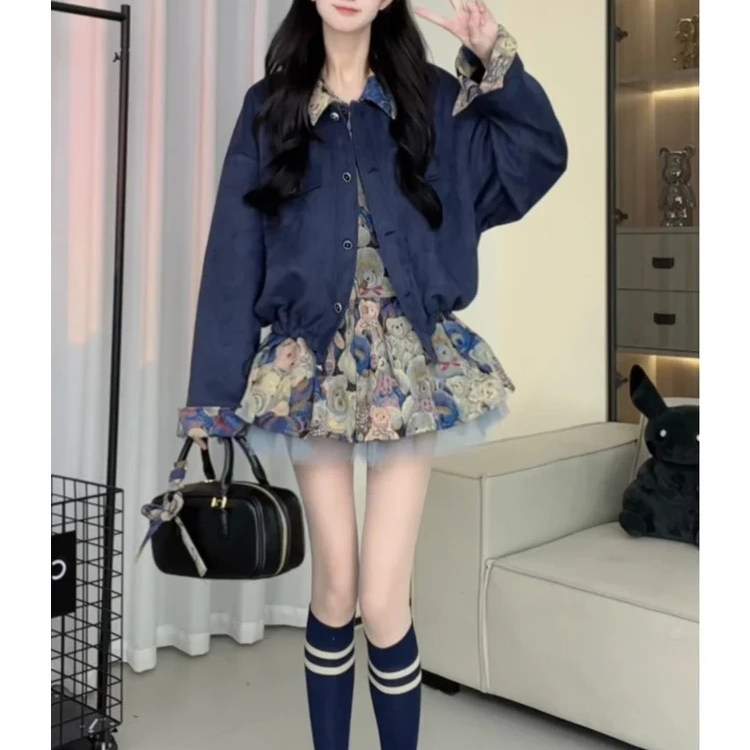 韩系复古气质甜美减龄小众设计高级感假两件外套拼接连衣裙子女春图片