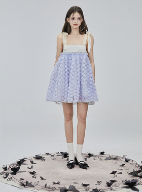 MildRate原创 城市少女 淡紫玫瑰盘花蝴蝶结绑带蓬蓬裙连衣裙