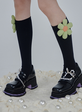 MildRate原创 少女立体花朵袜子黑色百搭显瘦小腿袜