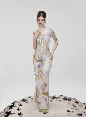 MildRate原创 悠长假日晕染弹力网立体褶皱抽绳长款显瘦连衣裙