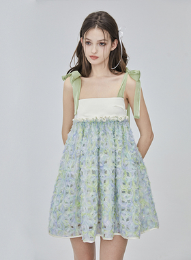 MildRate原创 城市少女 清新海盐盘花蝴蝶结绑带蓬蓬裙短连衣裙