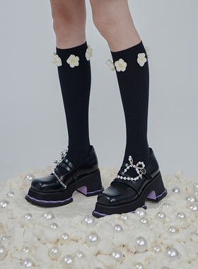 MildRate原创 少女手工钩花袜子黑色显瘦小腿袜中筒袜