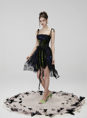 MildRate原创 仙乐飘飘黑色植绒烧花蕾丝拼接不规则吊带连衣裙