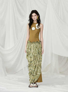 MildRate原创“玫瑰物语”迷踪绿连衣裙可脱卸希腊褶皱半裙两件套