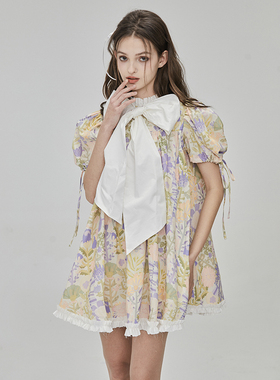 MildRate原创 城市少女 花卉印花纯棉蝴蝶结绑带娃娃裙