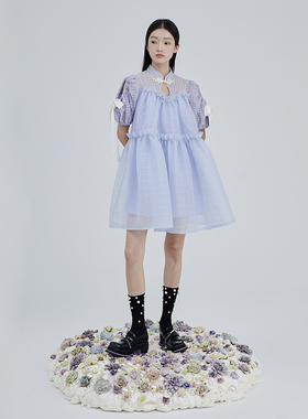 MildRate原创 兰紫色新中式盘扣少女蓬蓬裙蝴蝶结绑带公主裙