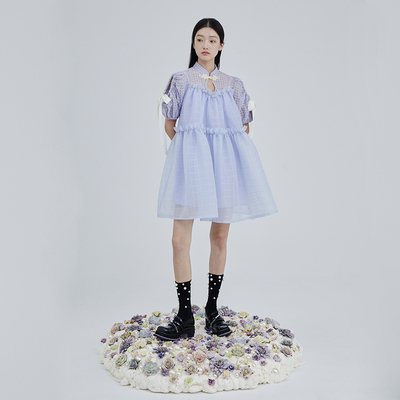 新中式蓬蓬裙格子蝴蝶结绑带