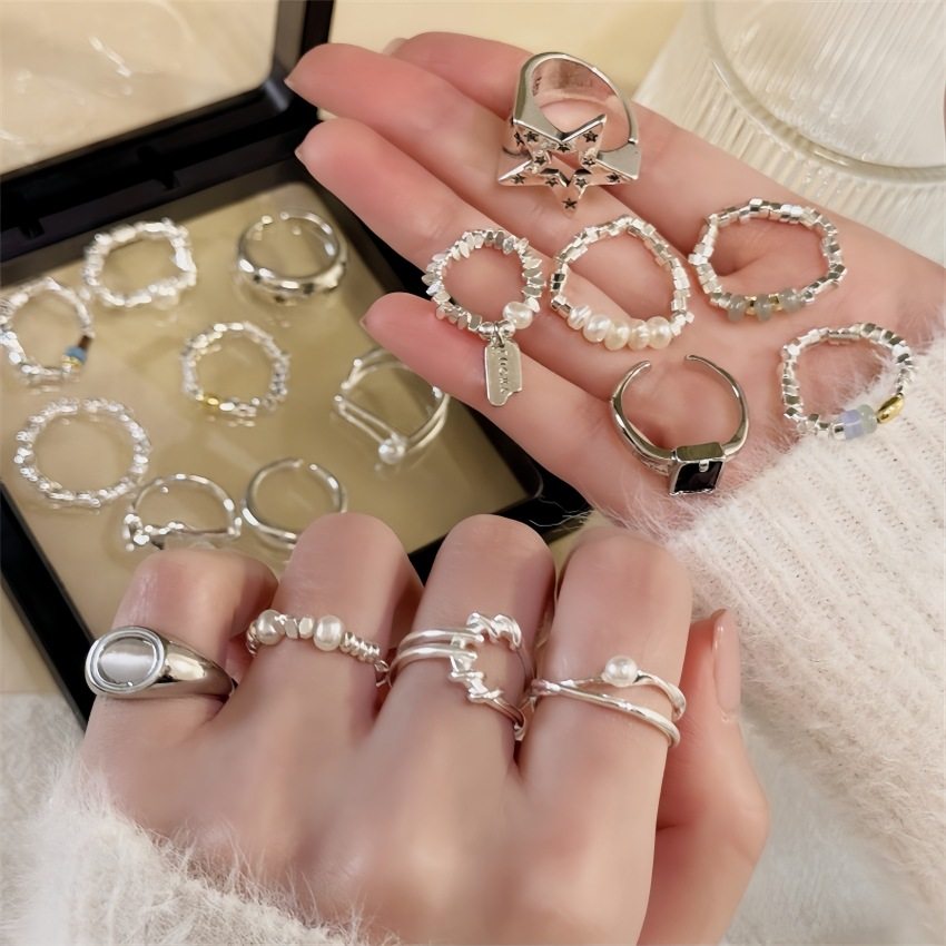 新925纯银素圈碎银珍珠戒指女开口ins风简约轻奢高级感不掉色