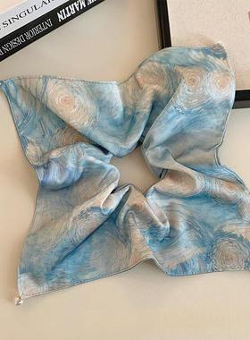 梵高星空~油画风蓝色方巾大肠发圈女高级感发饰超大方形头绳春季