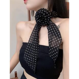 复古简约玫瑰花长条丝巾女千禧辣妹黑色波点飘带春夏百搭装饰领巾