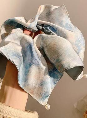 蓝色油画方巾珍珠发圈女高级感扎头发扎低马尾发绳独特气质发饰