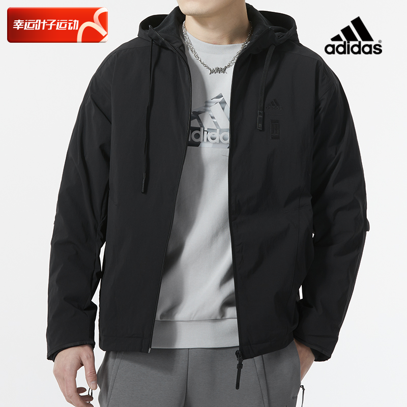 阿迪达斯连帽梭织夹克男2024春季新款运动服黑色休闲外套IX4287
