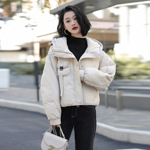 韩版2025年冬季yg短款羽绒服女士连帽宽松加厚面包服大码90鸭绒
