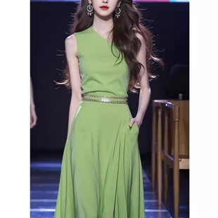 2025春夏法式高端精致jy收腰长裙高冷御姐好看绿色背心连衣裙子