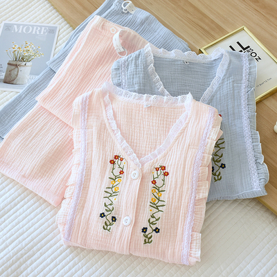 绣花月子服纯棉绉布睡衣家居女