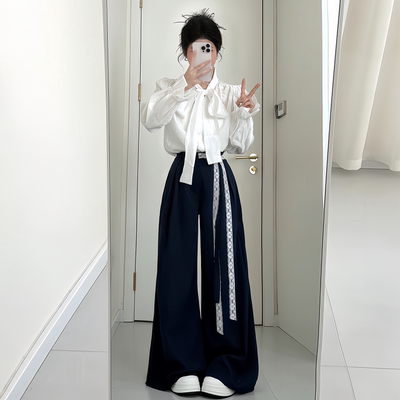 蝴蝶结围脖系带衬衣阔腿裤两件套