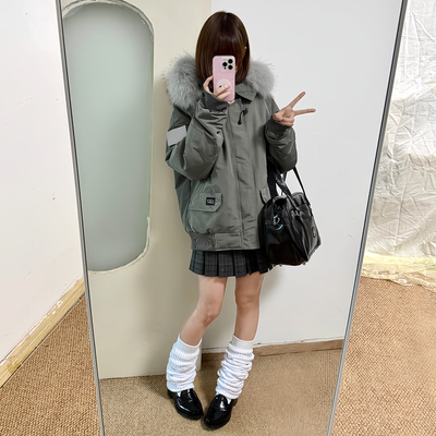 美式复古派克服工装毛领棉服女