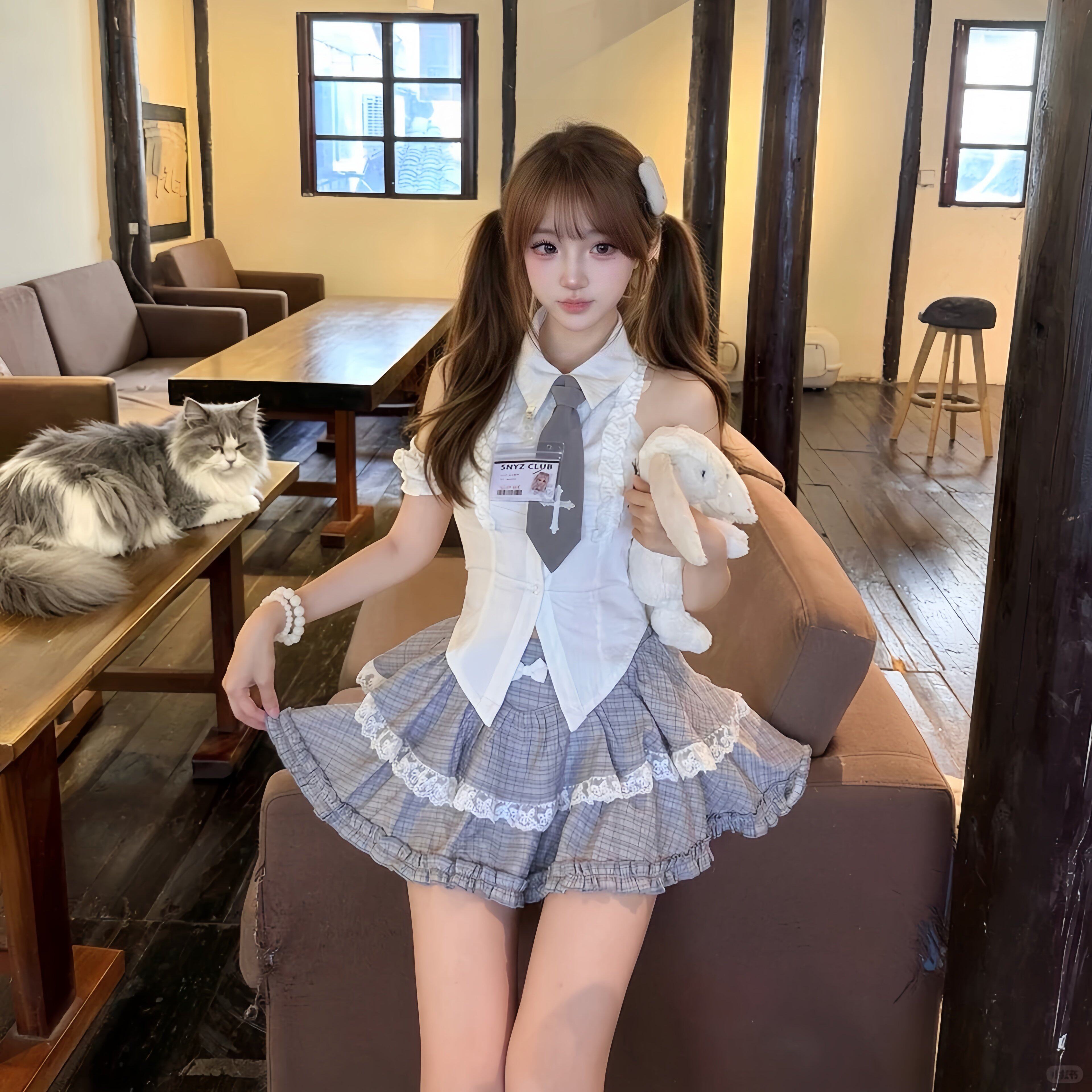 夏季学院风jk制服套装女白色衬衫灰色蛋糕裙两件套设计感时尚套装