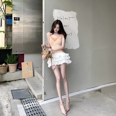 夏季纯欲假两件背心收腰裙套装