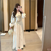 衬衫 半裙 女秋季 蕾丝拼接v领长袖 蕾丝仙踪 度假风名媛气质套装