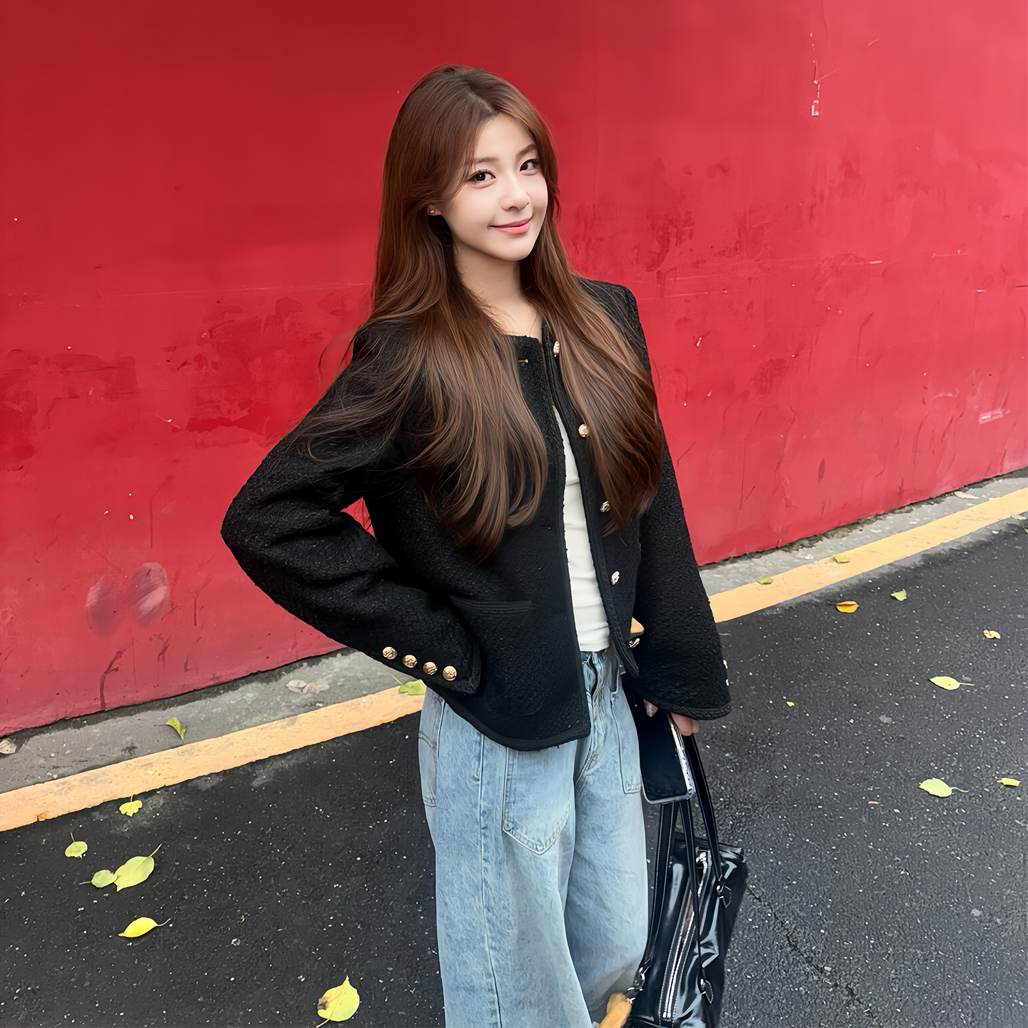 小香风黑色粗花呢短款外套女上衣