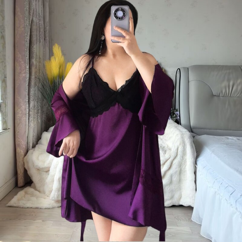 加肥加大码性感睡衣女蕾丝v领吊带裙高级感冰丝纯欲两件套带胸垫a