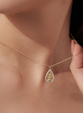 原创s925纯银镀黄金生命树项链宴会奢华感水滴吊坠锁骨链个性百搭