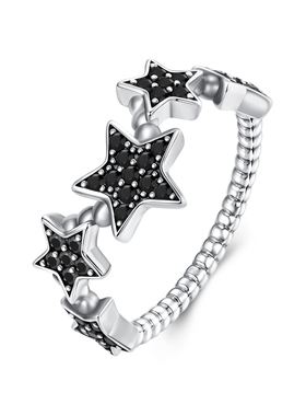 原创黑色锆石星星戒指小众夜空五角星通体s925纯银戒指手饰个性