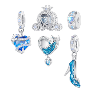 魔法舞会女孩珠子 南瓜车散珠蓝色舞鞋吊坠心形925纯银串珠手链配