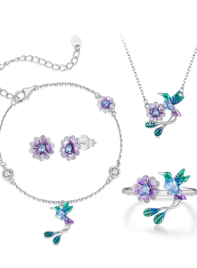 原创通体s925纯银蓝色渐变花鸟手链戒指套装森系灵动小鸟项链耳钉