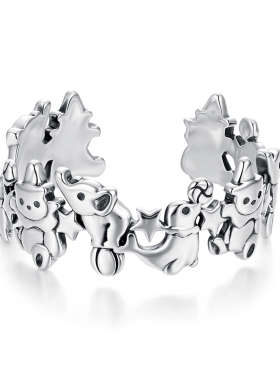 原创s925纯银马戏团开口戒指 个性创意动物拼接戒指手饰小众设计