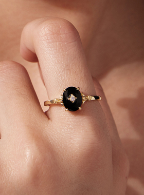 s925纯银镀黄金鸢尾花活口戒指个性优雅黑色锆石戒指手饰椭圆形