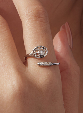 原创s925纯银锆石网球拍开口戒指时尚活力运动风戒指手饰个性小众