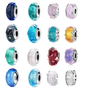 原创蓝色月夜琉璃珠通体S925纯银珠子手链女串珠散珠diy饰品配件