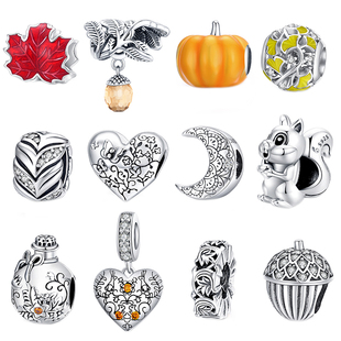 原创秋季枫叶纯银珠子藤蔓松果散珠金色麦穗南瓜串珠diy手链配件