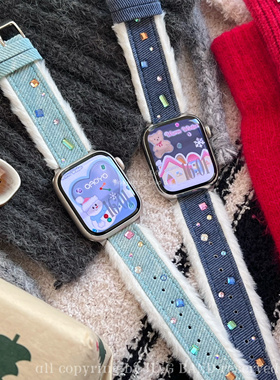 牛仔毛绒边闪钻真皮柔软原创设计s789代applewatch56SE静静的表带