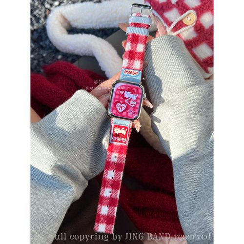 红格子毛呢真皮小猫绒静静的表带