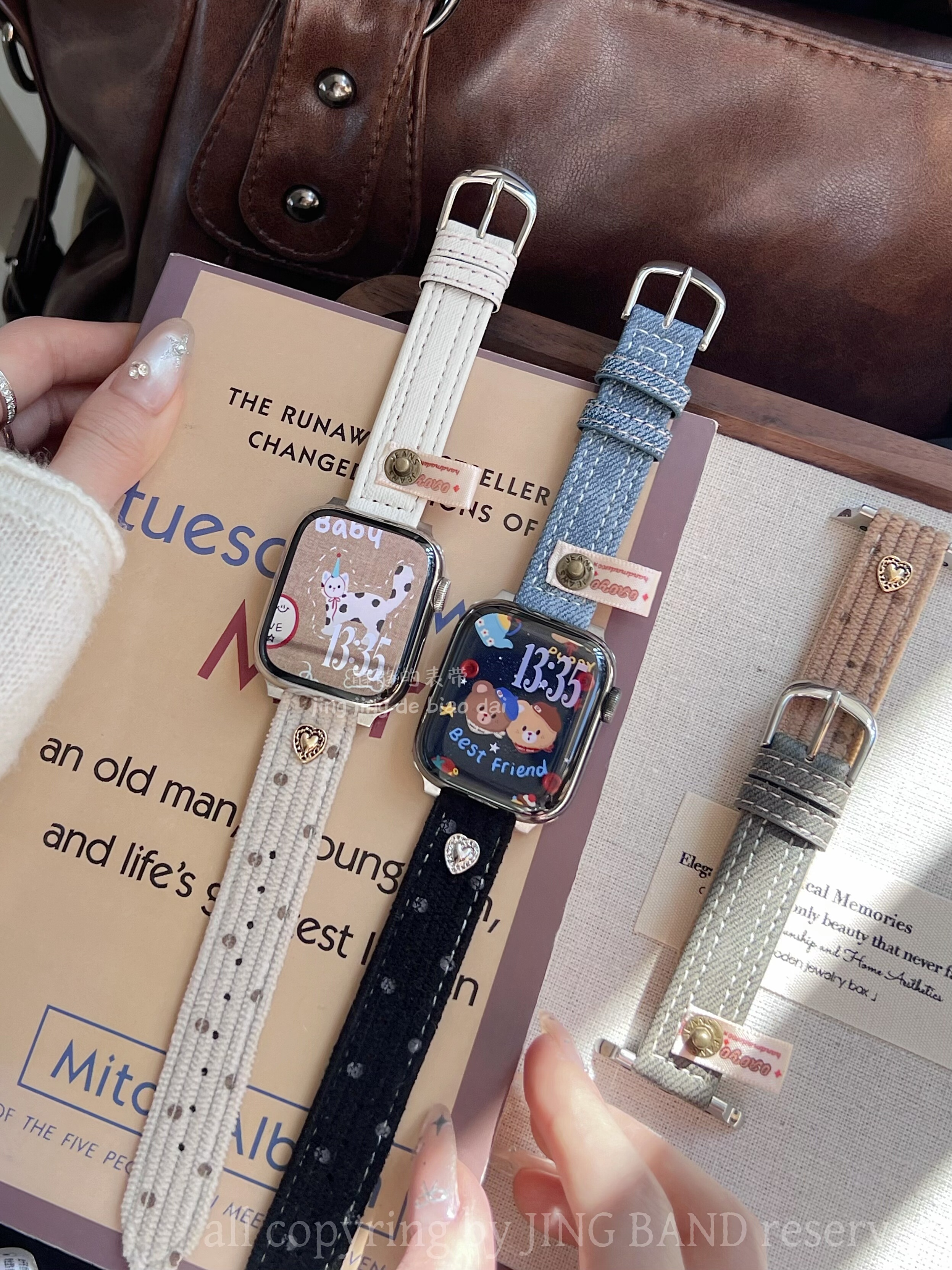 复古牛仔拼灯芯绒波点适用于applewatch苹果手表SE表带iwatch静静