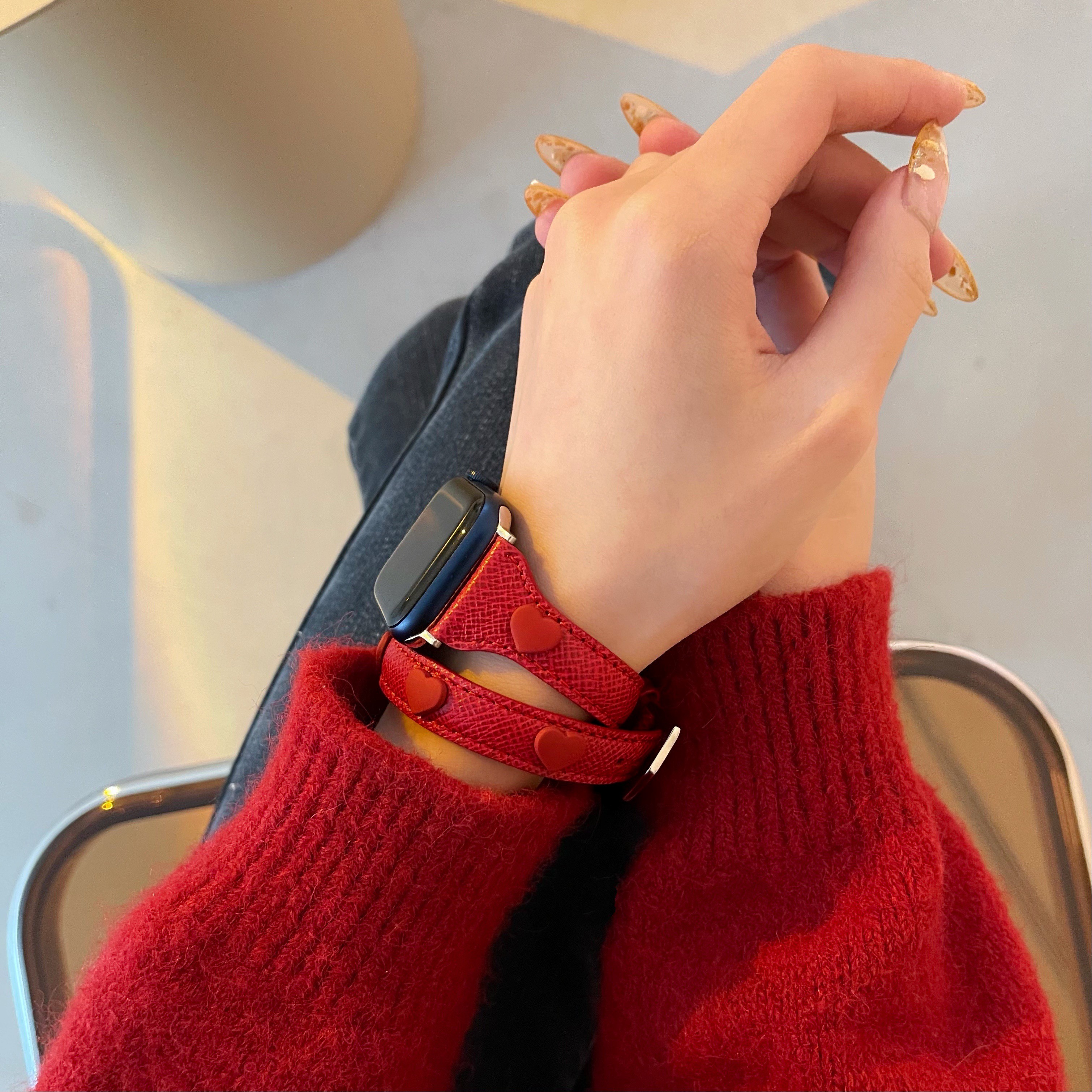 [爱心款]适用于applewatch9苹果s9手表带细真皮双圈小蛮腰876代se