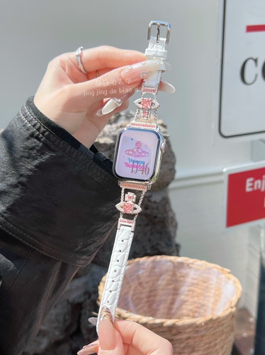 静静的表带真皮土星粉钻链鳄鱼纹