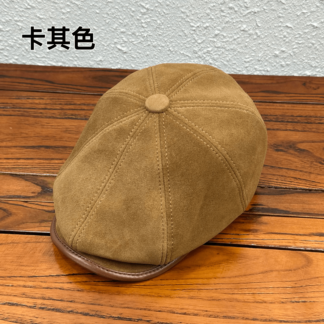 【澜泊皮帽】秋冬季真皮帽子男士反绒羊皮贝雷八角帽复古鸭舌帽