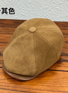 【澜泊皮帽】秋冬季真皮帽子男士反绒羊皮贝雷八角帽复古鸭舌帽