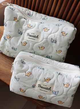 可爱印花猫咪化妆包便携旅行护肤品卫生巾姨妈巾布艺收纳袋大容量