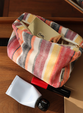 Precatch便携女生化妆包小号收纳袋彩色条纹多功能旅行拉链收纳包