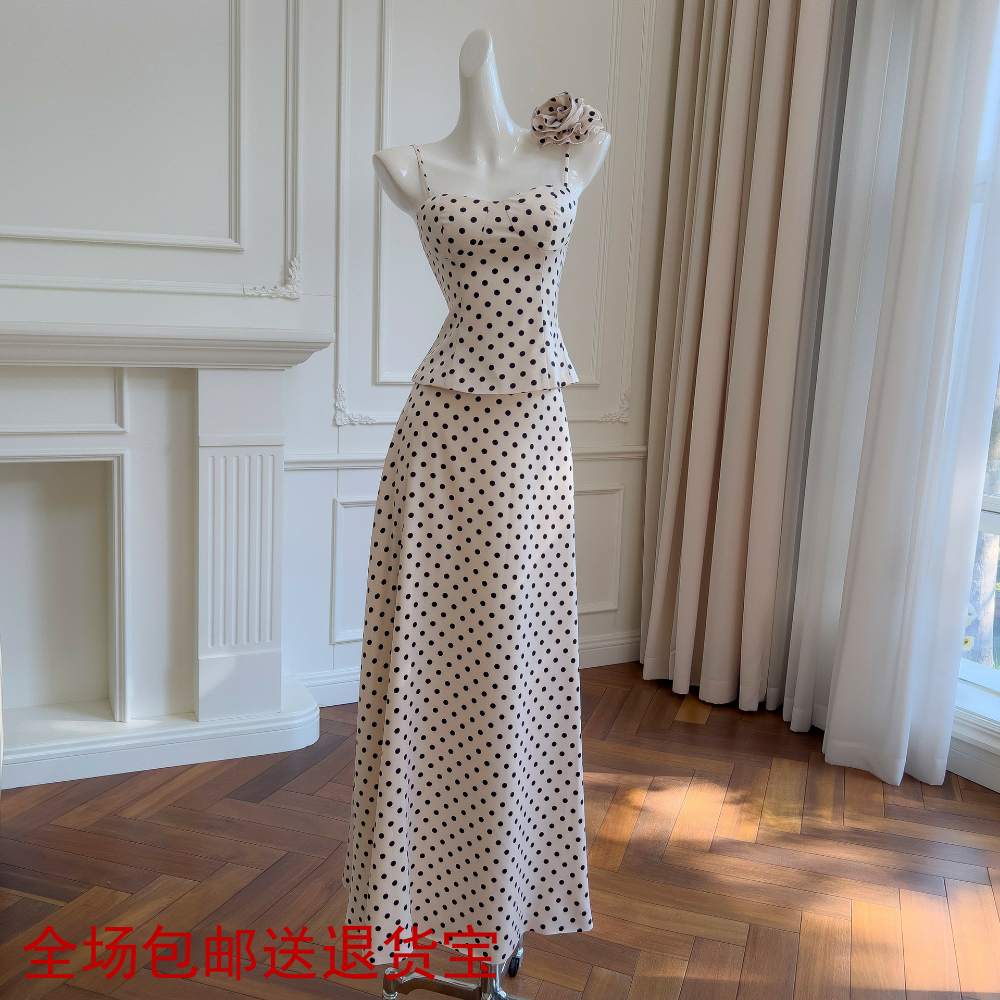 法式时尚复古气质缎面波点印花套装女吊带抹胸上衣半身裙两件套