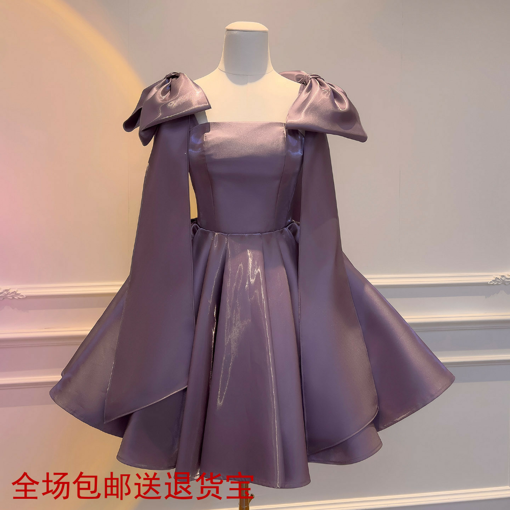 衣阁里拉法式2026复古蝴蝶结抹胸连衣裙蓬蓬裙紫色吊带小礼服女