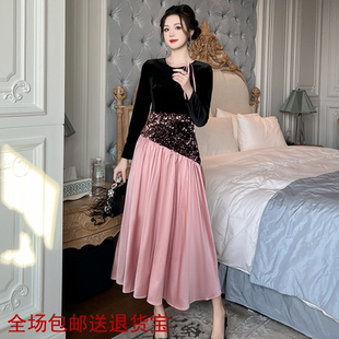 2025秋冬装新款女装设计感重工亮片撞色拼接收腰大摆连衣裙