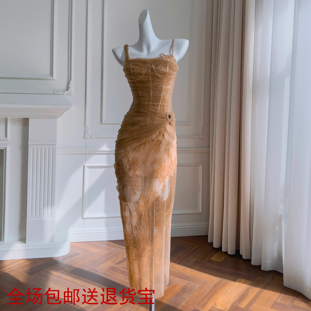 法式夏季新款时尚气质吊带裙优雅修身礼服裙聚会约会蕾丝透视裙