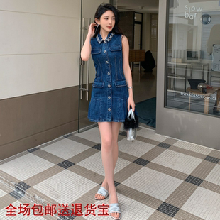 2025年春夏新款 牛仔蓝色手工钻饰翻领无袖 复古连衣裙MIU系小洋装