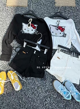 2026春款新品斜肩防晒罩衫女kt猫印花露肩上衣薄款长袖毛衣B1127